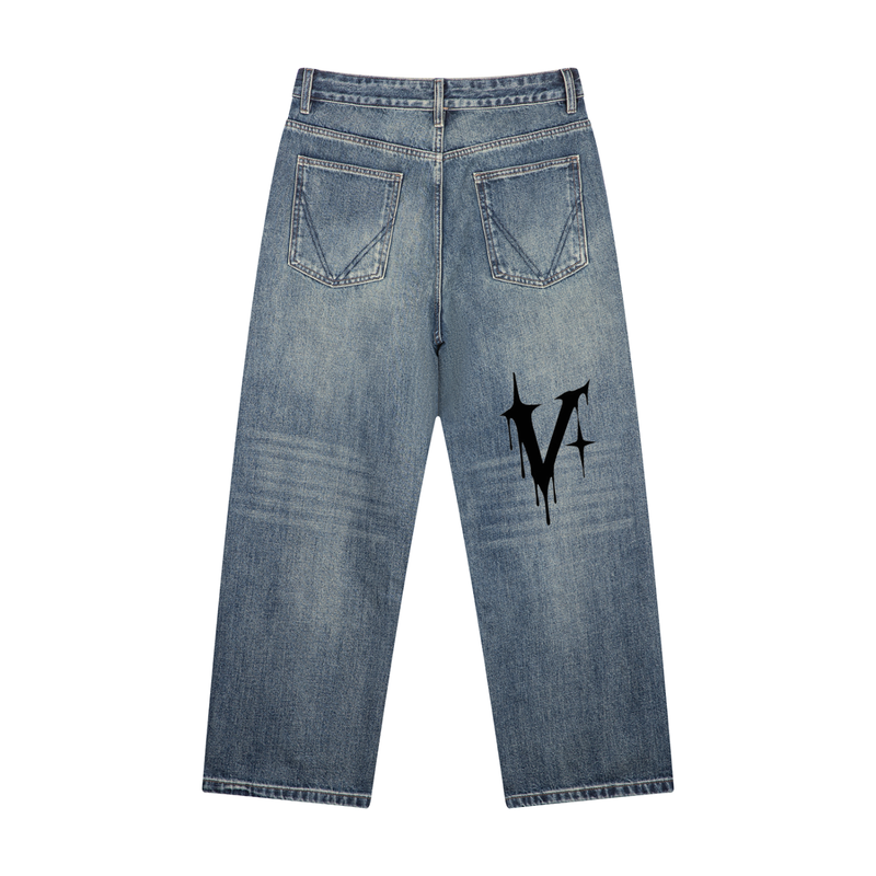 void design qc Men's Vintage Wash Straight Leg Denim Jeans